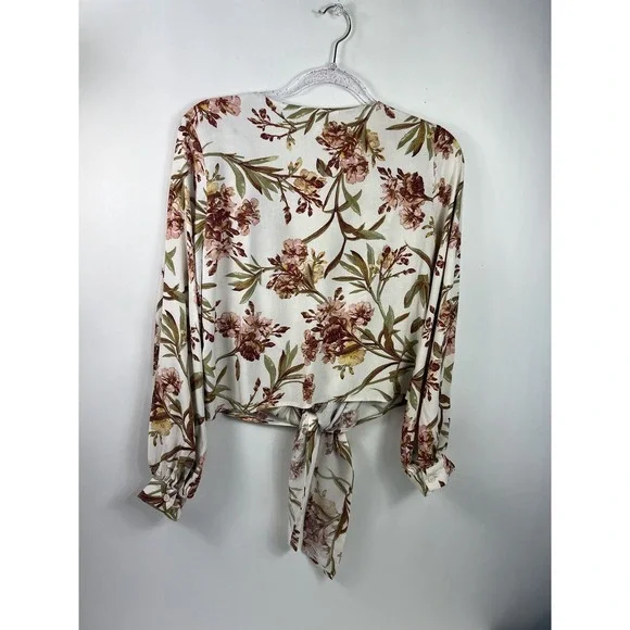 H&M Size 8 Women White Brown Floral Long Sleeve Button-Up Front Tie Top Blouse - Picture 4 of 10
